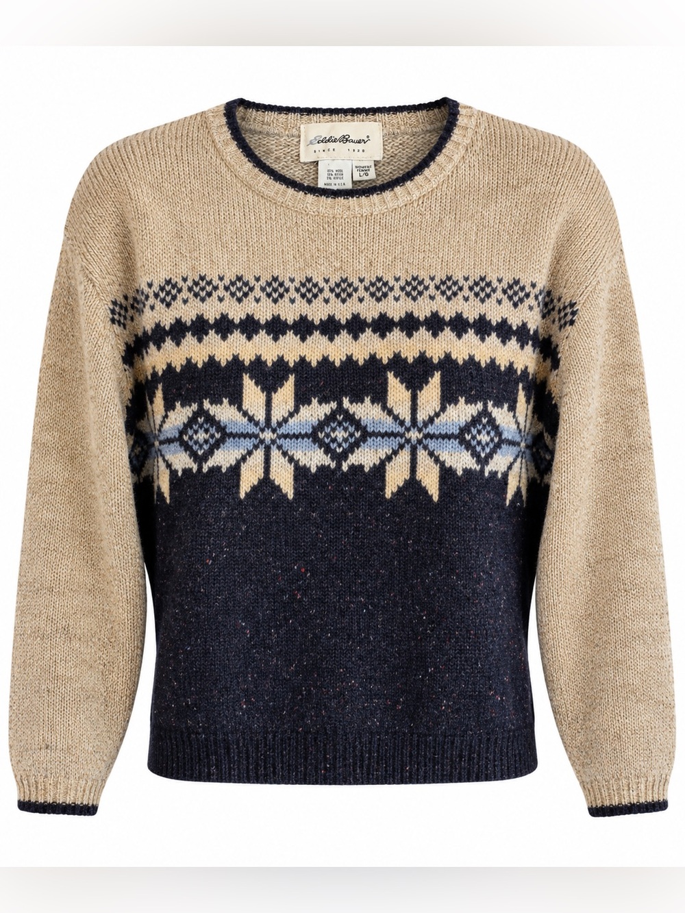 Eddie Bauer Wool Blend VTG Snowflake Sweater L Pullover Nordic Ski USA 90s Y2K